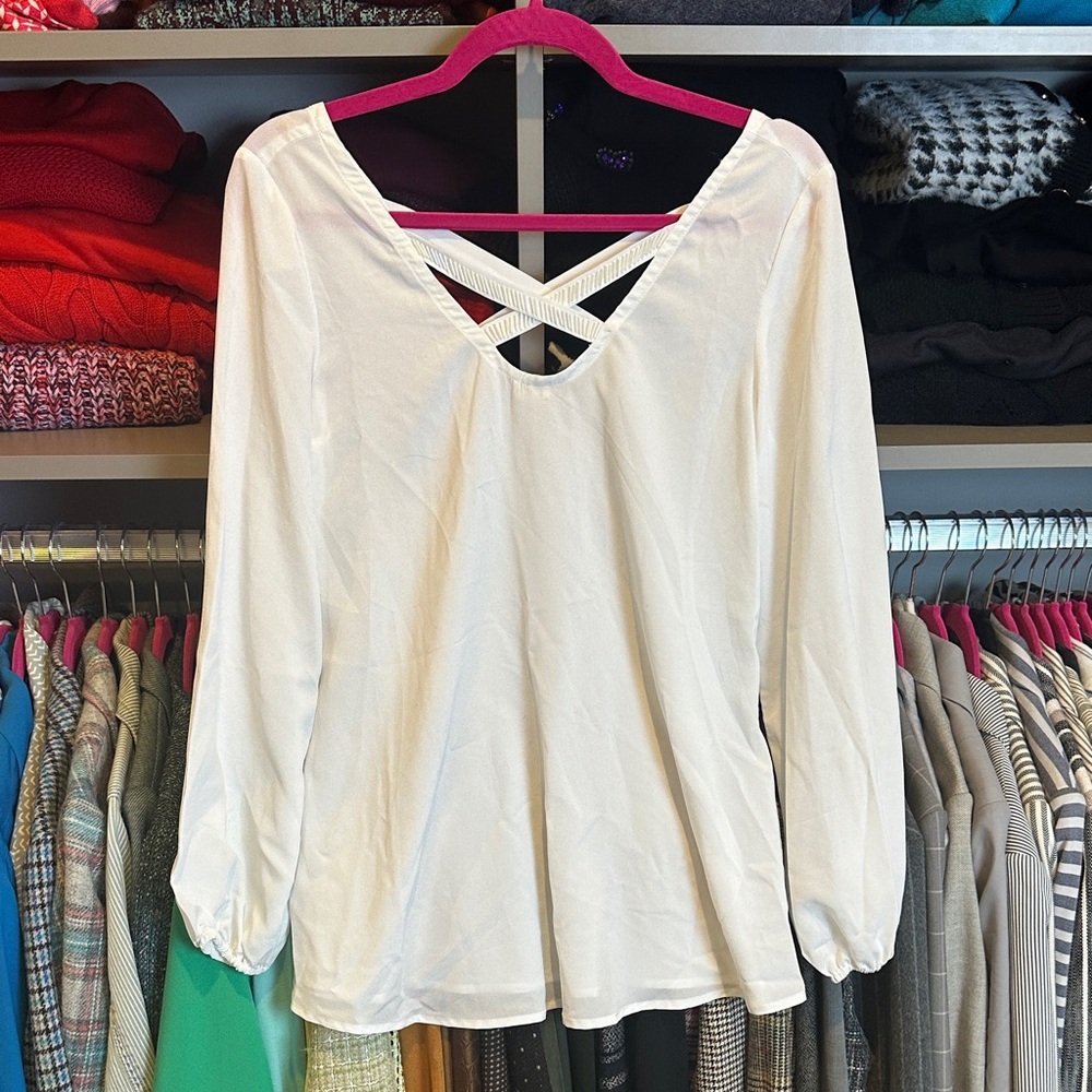 Lost April white long sleeve cross cross beaded detail elastic cuff top size S